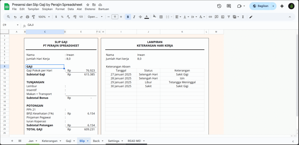 Sheet Slip Gaji dan Lampiran Keterangan Absen Pegawai