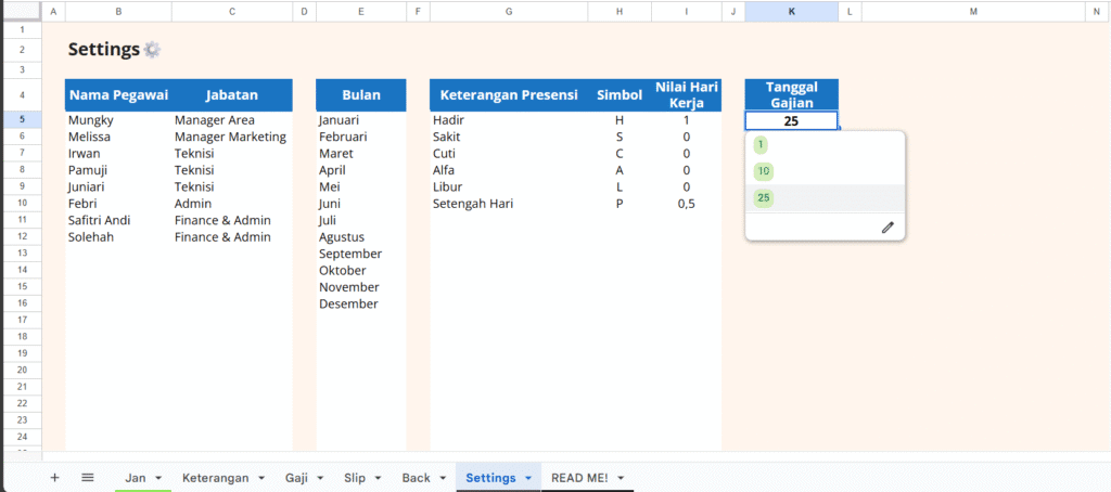 Sheet Settings untuk Template Spreadsheet Presensi dan Slip Gaji Pegawai