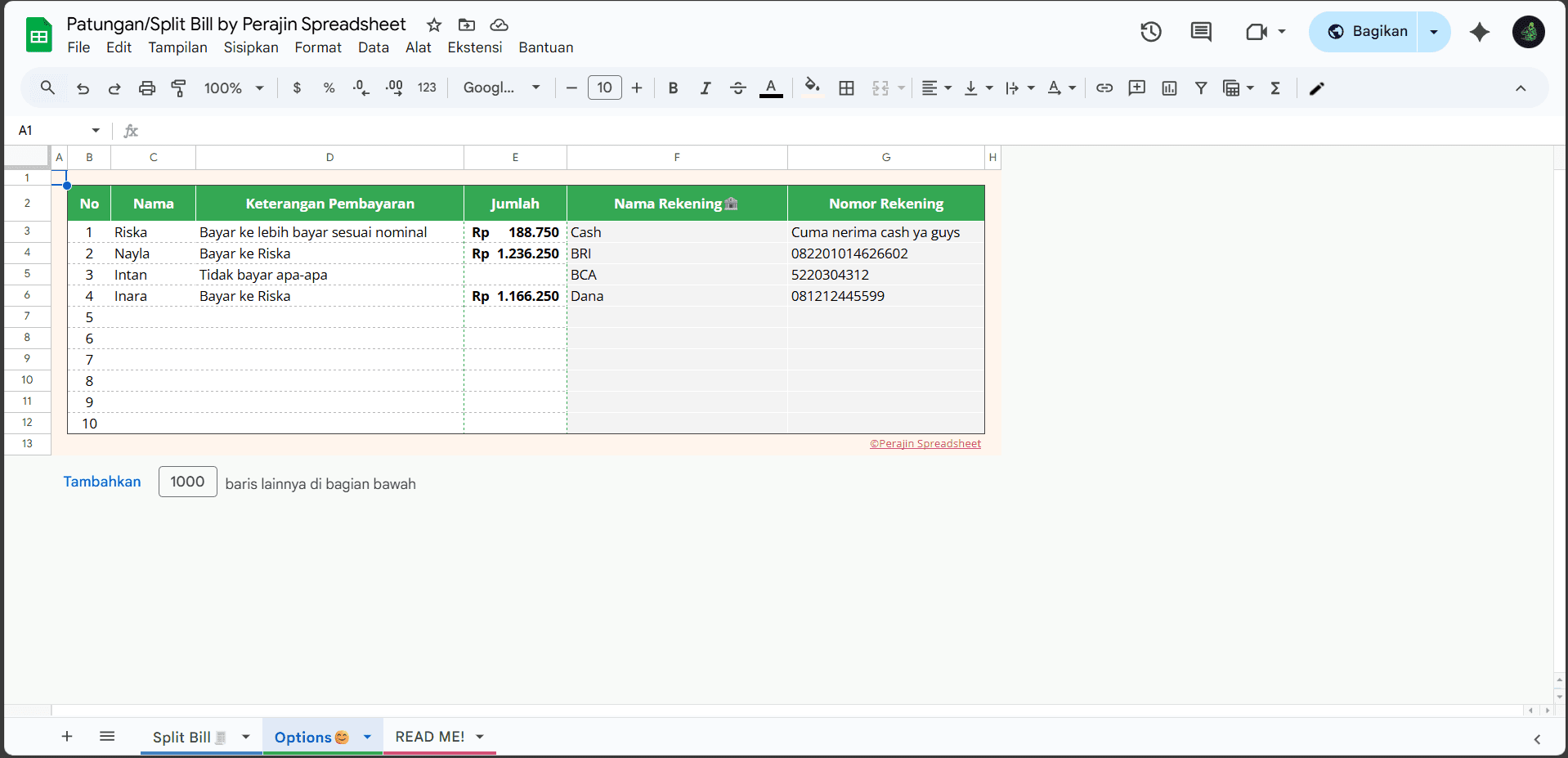 Sheet Options di Template Split Bill/Patungan