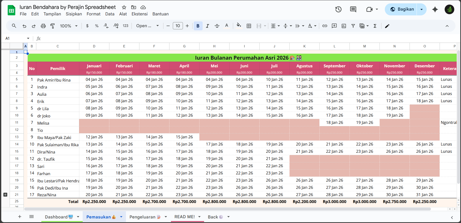 Sheet Pemasukan template Google Sheets Iuran Bendahara