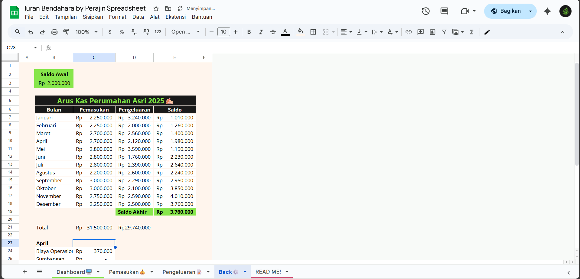 Sheet Back Template Google Sheets Iuran Bendahara