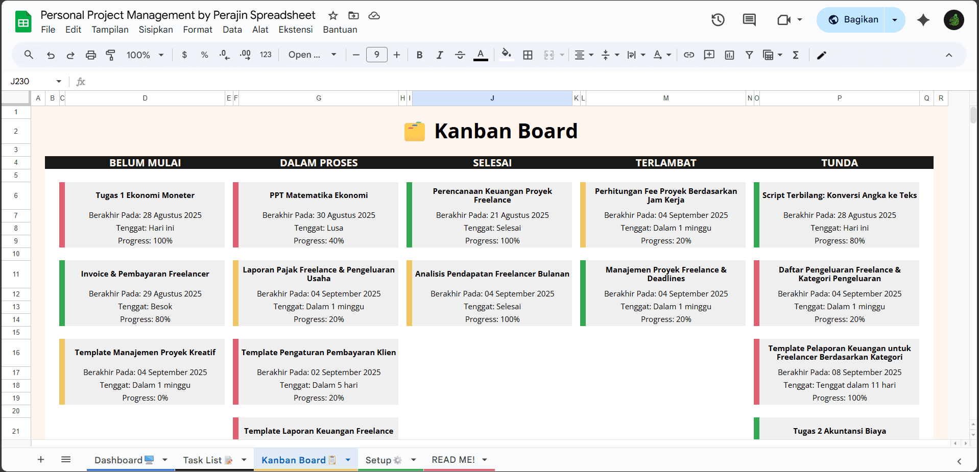 Sheet Kanban Board Template Spreadsheet Personal Project Management