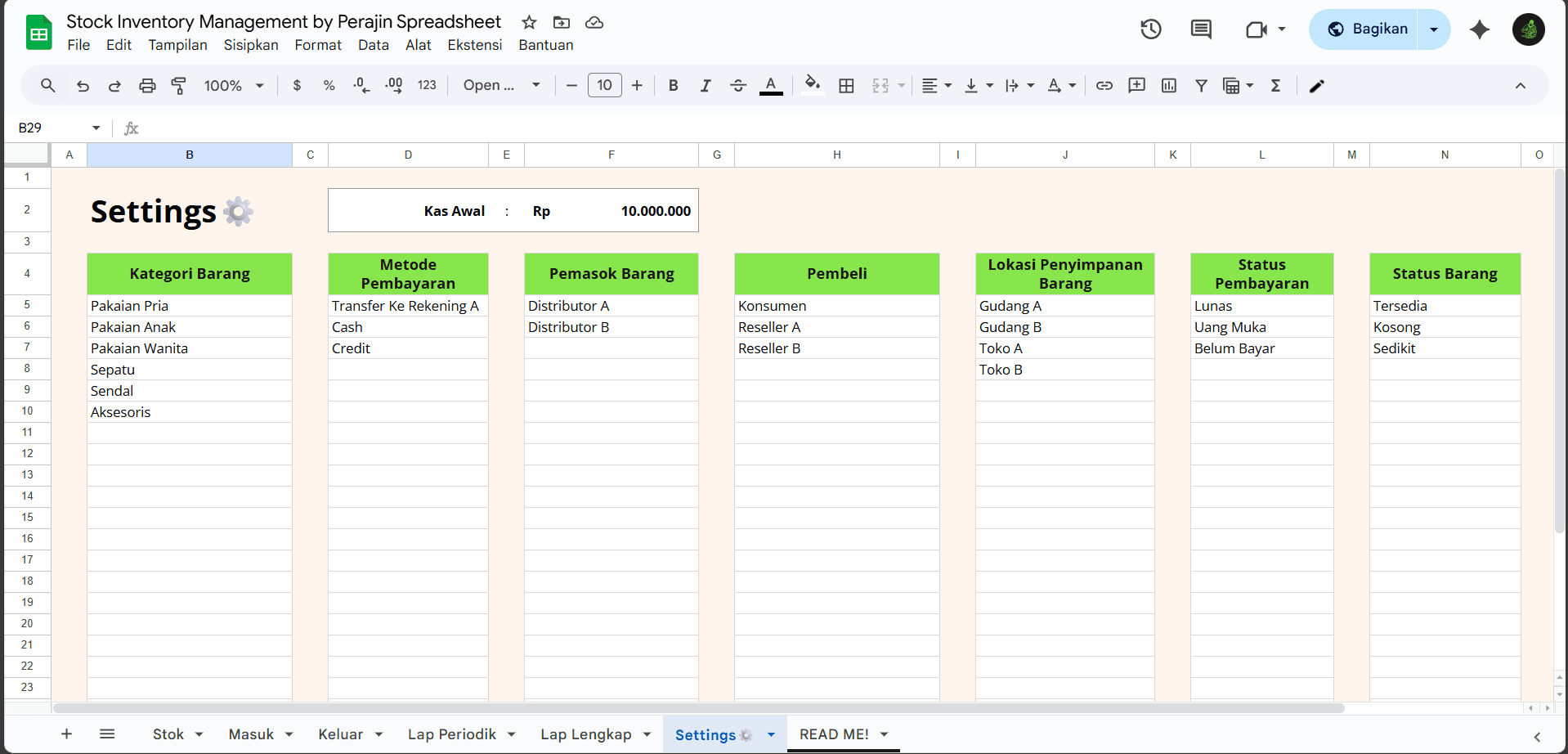 Sheet Settings Stock Inventory Management