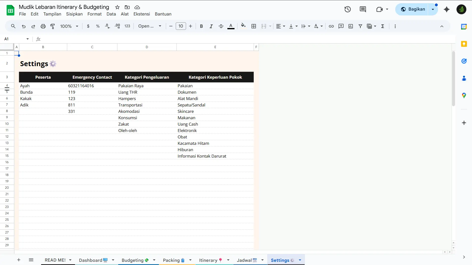 Sheet Settings Sheet Settings Mudik Lebaran Itinerary & Budgeting
